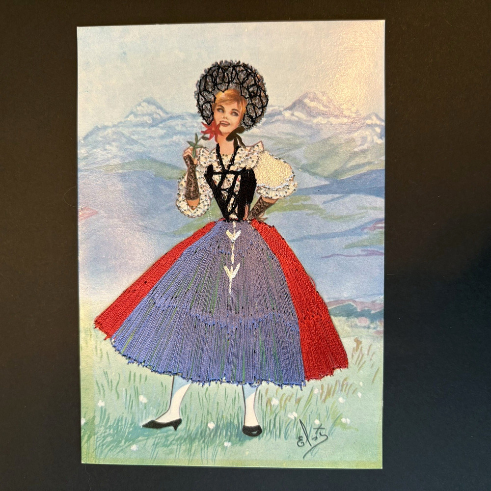 Vintage Embroidered Card‎ of Woman Wearing Swiss National Costume Blue Red